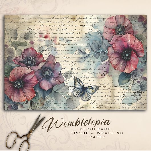 Papier Mousseline Pavot rouge vintage et aquarelle papillon