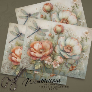Papier Mousseline Pavots Pêche Vintage & Découpage Floral Botanique