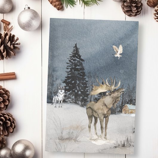 Papier Mousseline Paysage d'hiver Aquarelle Wolf Moose Scene