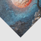 Papier Mousseline Paysage en mosaïque avec soleil rouge et cerisier (Détail)