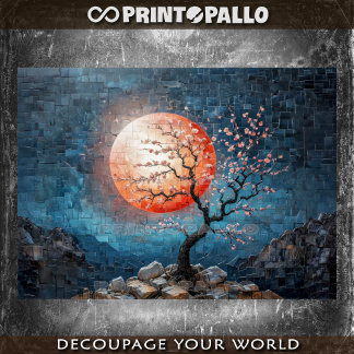 Papier Mousseline Paysage en mosaïque avec soleil rouge et cerisier