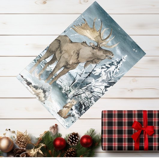 Papier Mousseline Paysage hivernal Aquarelle Moose