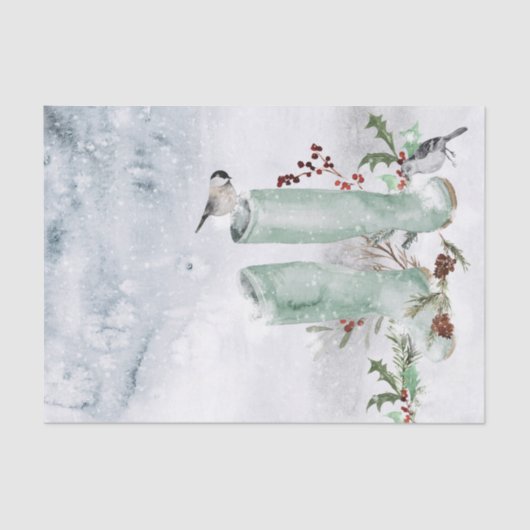 Papier Mousseline Paysage hivernal Aquarelle Oiseaux Bottes (Recto)