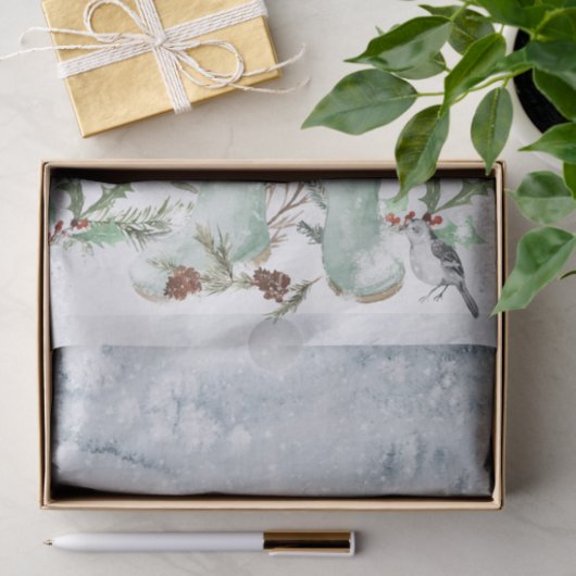 Papier Mousseline Paysage hivernal Aquarelle Oiseaux Bottes