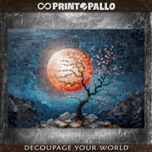 Paysage mosaïque avec soleil rouge et cerisier