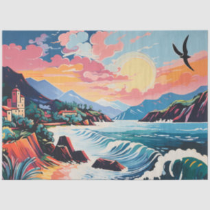 Papier Mousseline Paysage Vieille Ville, Montagnes, Mer