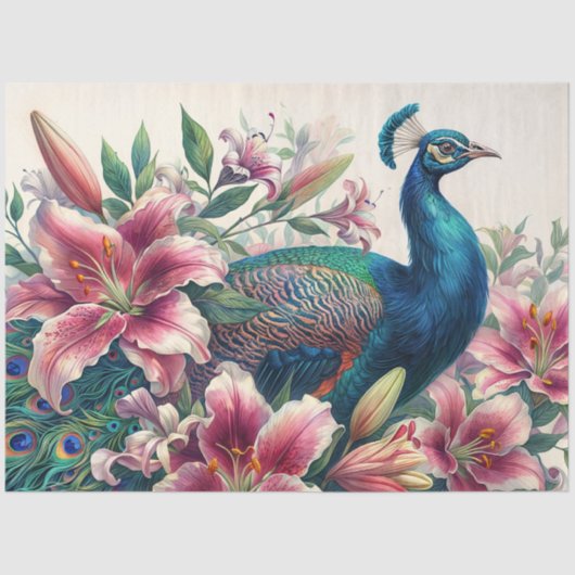 Papier Mousseline Peacock in Bloom – Watercolor Lilies & Plumage (Recto)