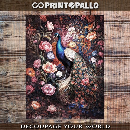 Papier Mousseline Peacock in garden flowers galore