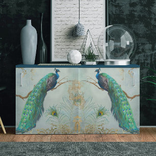 Papier Mousseline Peacock n Plumes Pair Blue Gold Decoupage