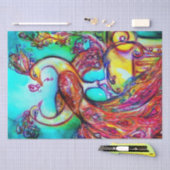 Papier Mousseline PEACOCKS EN AMOUR, AQUA ROUGE BLEU TURQUOISE Valen (Artisanat)