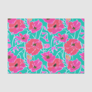 Papier Mousseline Peinture Anémonique Motif rose & Aqua Floral
