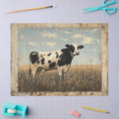 Papier Mousseline Peinture rustique d'une vache dans une prairie écl (Artisanat)