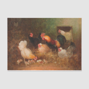 Papier Mousseline Peinture vintage de coq, poules et poules