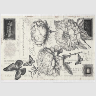 Papier Mousseline Peoné noir et blanc vintage et papillon