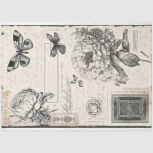 Papier Mousseline Peoné noir et blanc vintage et papillon