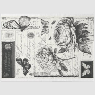 Papier Mousseline Peonées et papillons noirs et blancs vintages
