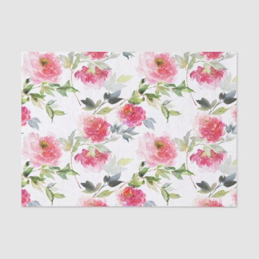 Papier Mousseline Peonies d'aquarelle rose et Motif vert (Recto)