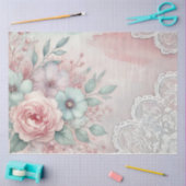 Papier Mousseline Peonies roses et fleurs bleues sur dentelle blanch (Artisanat)