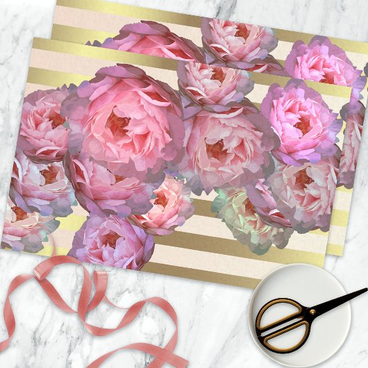 Papier Mousseline Peonies roses sur l'or Horizontal bandes Découpage