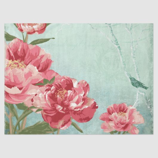 Papier Mousseline Peony Floral Mint rose Bourgogne Retro Chintz Bird (Recto)