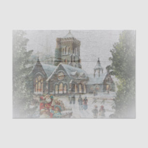 Papier Mousseline Père Noël ancienne avec enfants devant une église