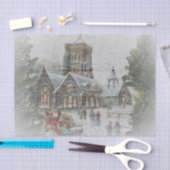 Papier Mousseline Père Noël ancienne avec enfants devant une église (Artisanat)