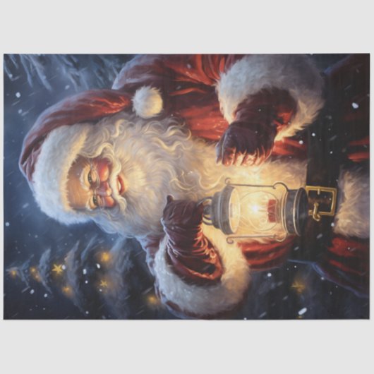 Papier Mousseline Père Noël en forêt de neige avec lanterne brillant (Recto)