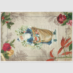 Papier Mousseline Père Noël Vintage rustique avec fleurs, pin et mus