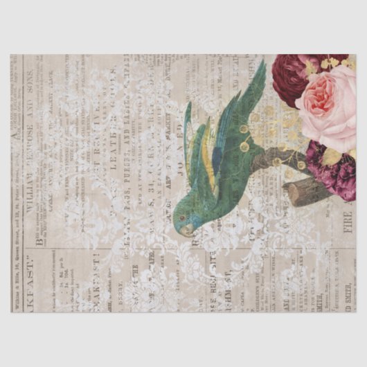 Papier Mousseline Perroquet vert avec Roses sur la page découpage du (Recto)