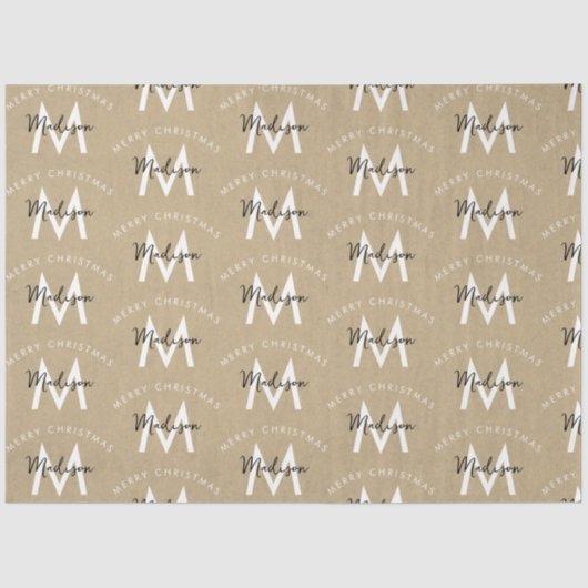 Papier Mousseline Personnalisé moderne Joyeux Noël Kraft Monogramme (Recto)