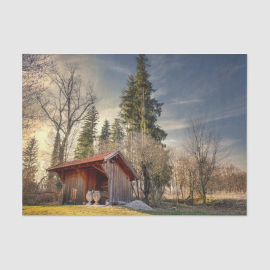 Papier Mousseline Petite Grange Rouge Avec Pots En Céramique (Recto)