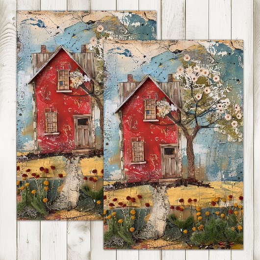PAPIER MOUSSELINE PETITE MAISON ROUGE DE CAMPAGNE DECOUPAGE MIXTE