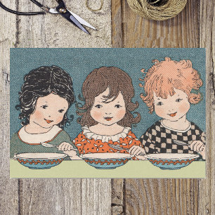 Papier Mousseline Petites Filles vintages Mangeant Soupe Trois Soeur