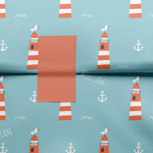 Papier Mousseline Phare pour enfants et Motif d'Ancres sur Blue