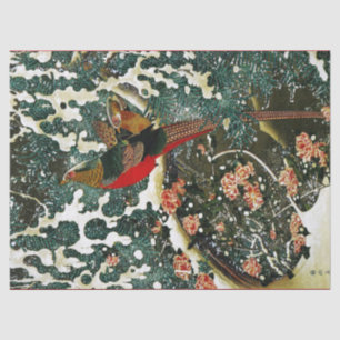 Papier Mousseline Pheasants à Snow, Pine Tree, Roses, Japanese Flora