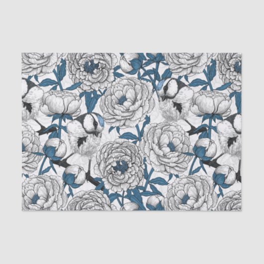 Papier Mousseline Pies blanches et mésanges bleues (Recto)