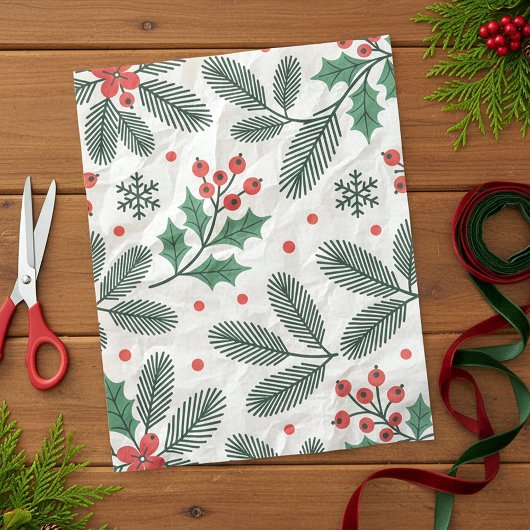 Papier Mousseline Pin vert Rouge Holly Berries Flammes de neige