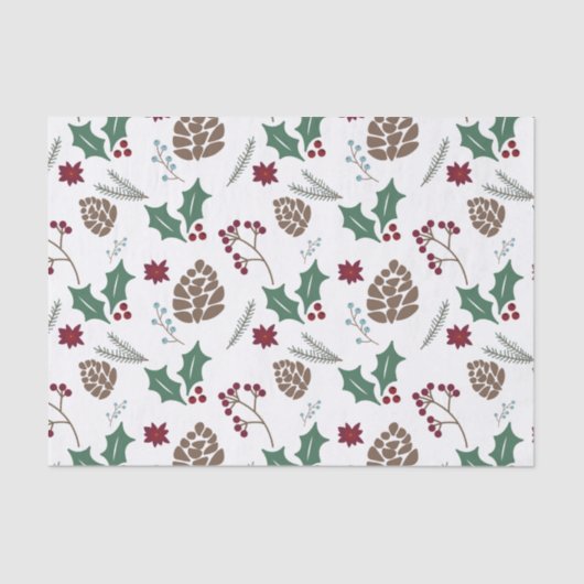 Papier Mousseline Pinecone, Holly & Berries Rouge, Blanc Vert (Recto)