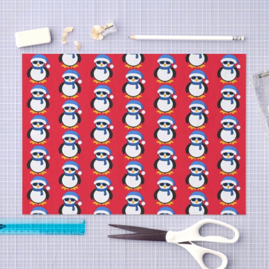 Papier Mousseline Pingouin cool mignon Noël hiver motif rouge  (Artisanat)
