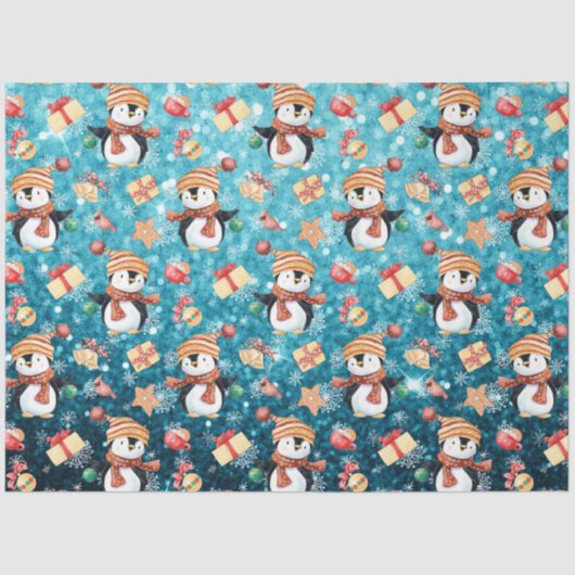 Papier Mousseline Pingouins d'hiver de Noël Pneus Bleu pour les enfa (Recto)