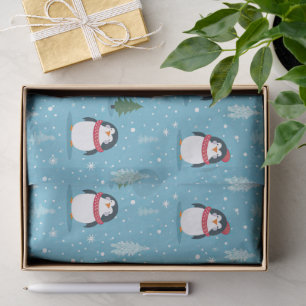 Papier Mousseline Pingouins mignons en bleu clair avec des flocons d