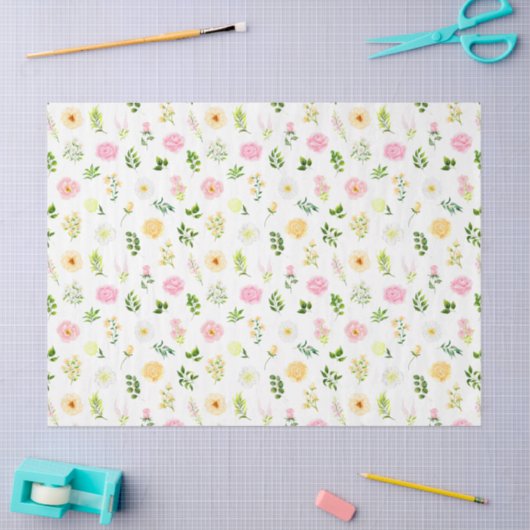 Papier Mousseline Pink and Yellow Flowers with Foliage Pattern (Artisanat)