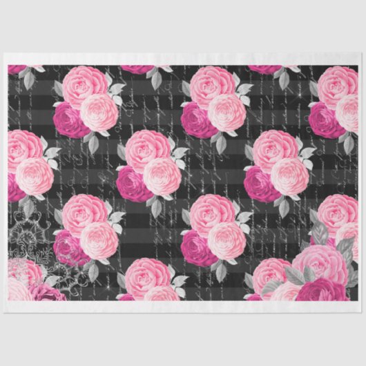 Papier Mousseline Pink & Black Shabby Glam Roses 2 papier découpage (Recto)