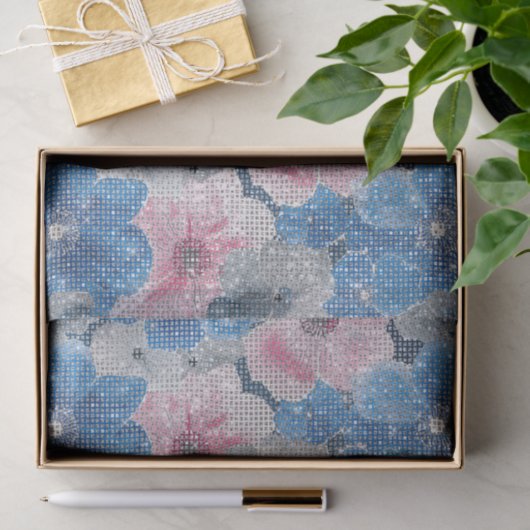 Papier Mousseline Pink Blue Flowers Sparkle (Cadeau)