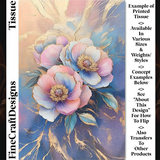 Papier Mousseline Pink Blue Lavender & Gold Peonies CT4 Decoupage