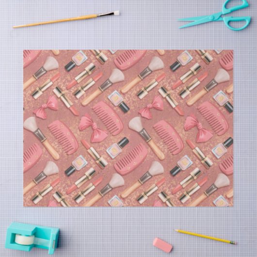 Papier Mousseline Pink Cosmetics Pattern Glitter  (Artisanat)