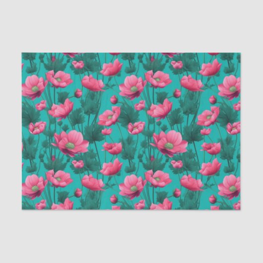 Papier Mousseline Pink flower with Turquoise Background Decoupage (Recto)