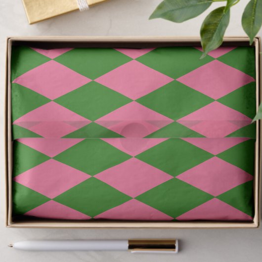 Papier Mousseline Pink Green Harlequin Checkered Design 