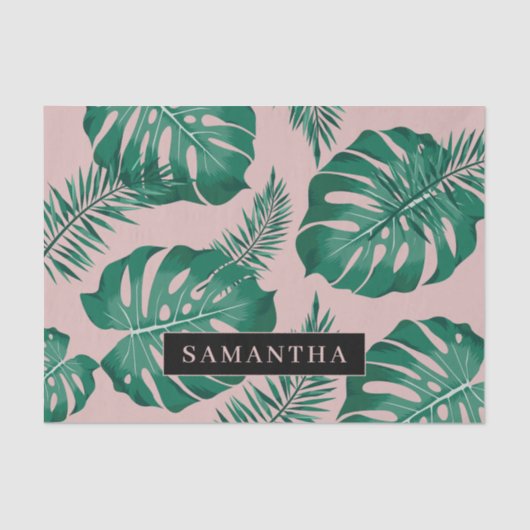 Papier Mousseline Pink & Green Palm Feuille Motif & nom (Recto)