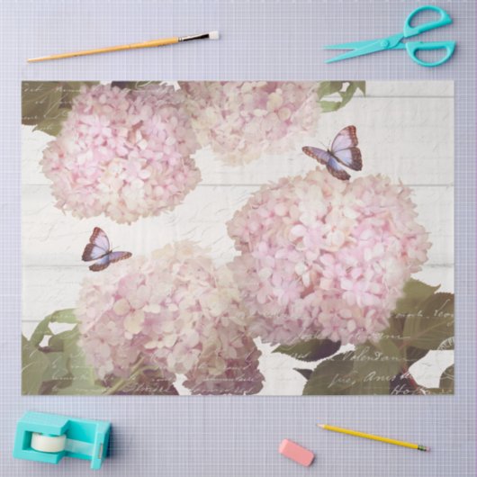 Papier Mousseline Pink Hydrangea Butterfly Floral Script Art (Artisanat)